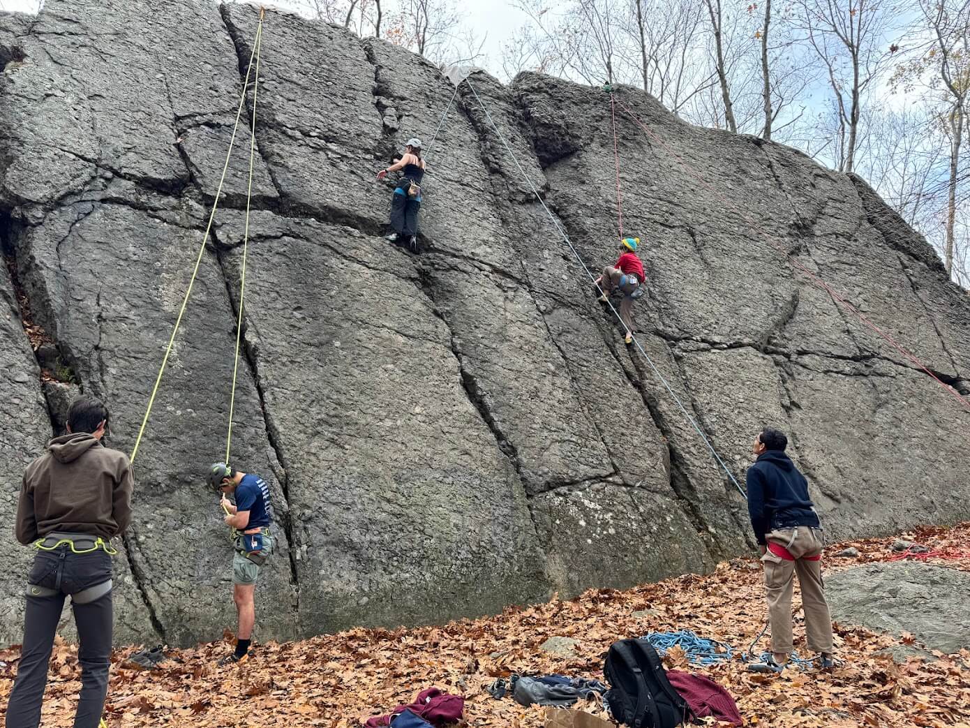 Three climbers from Northeastern University's climbing club climbing an outdoor cliff